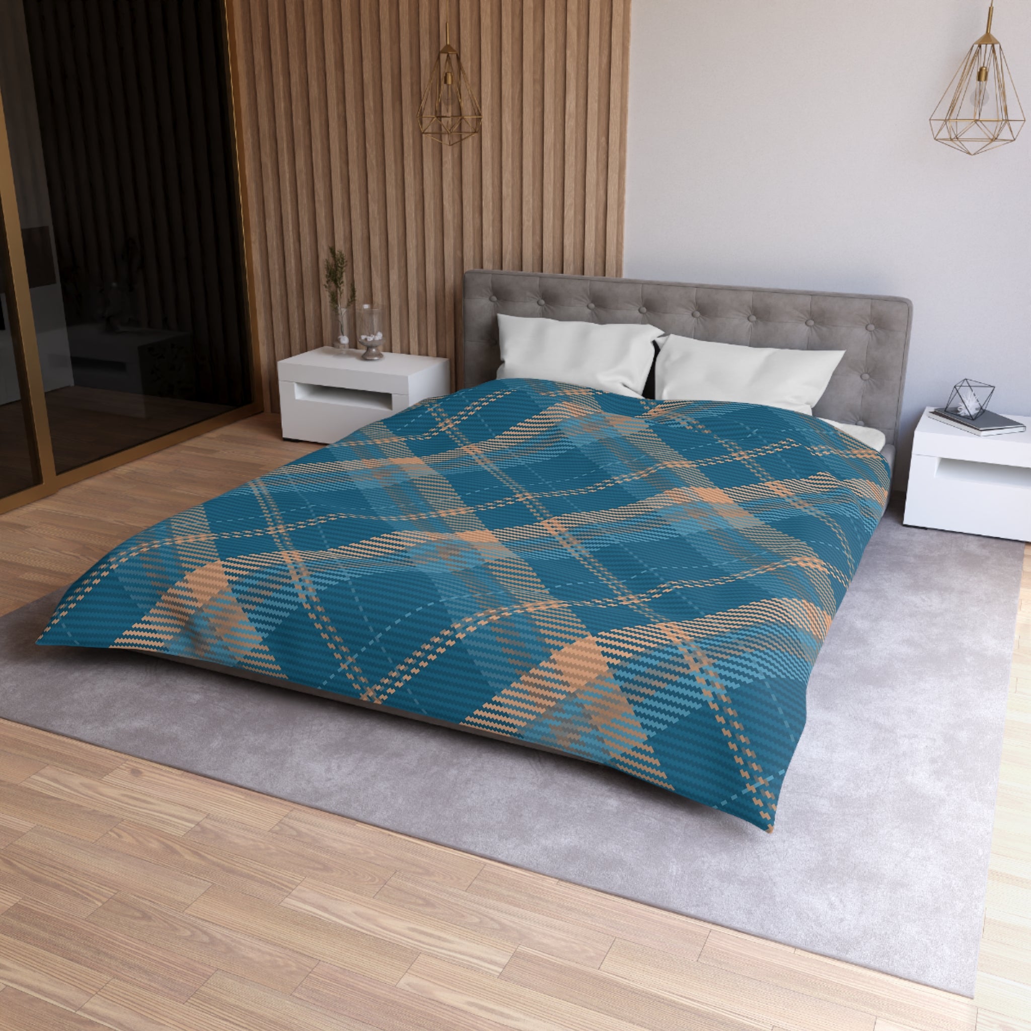 Plaid Duvet Cover | Vintage Blue, Peach | Bedroom Decor