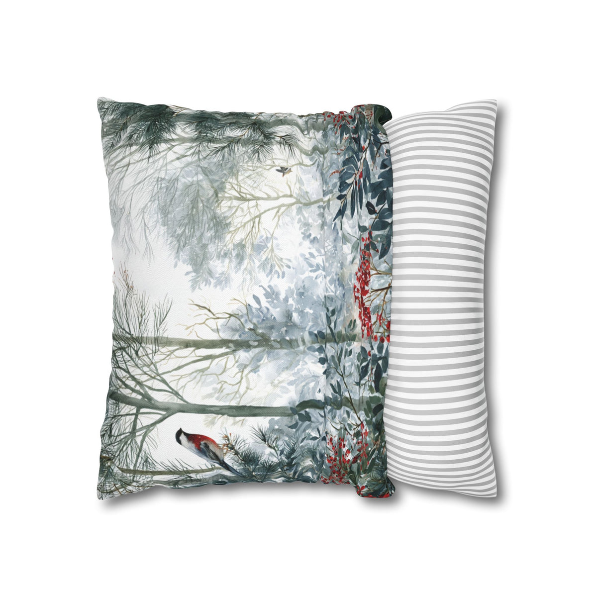 Forest Bird Pillow Cover | Green Teal Red Berry Woodland Pillowcase