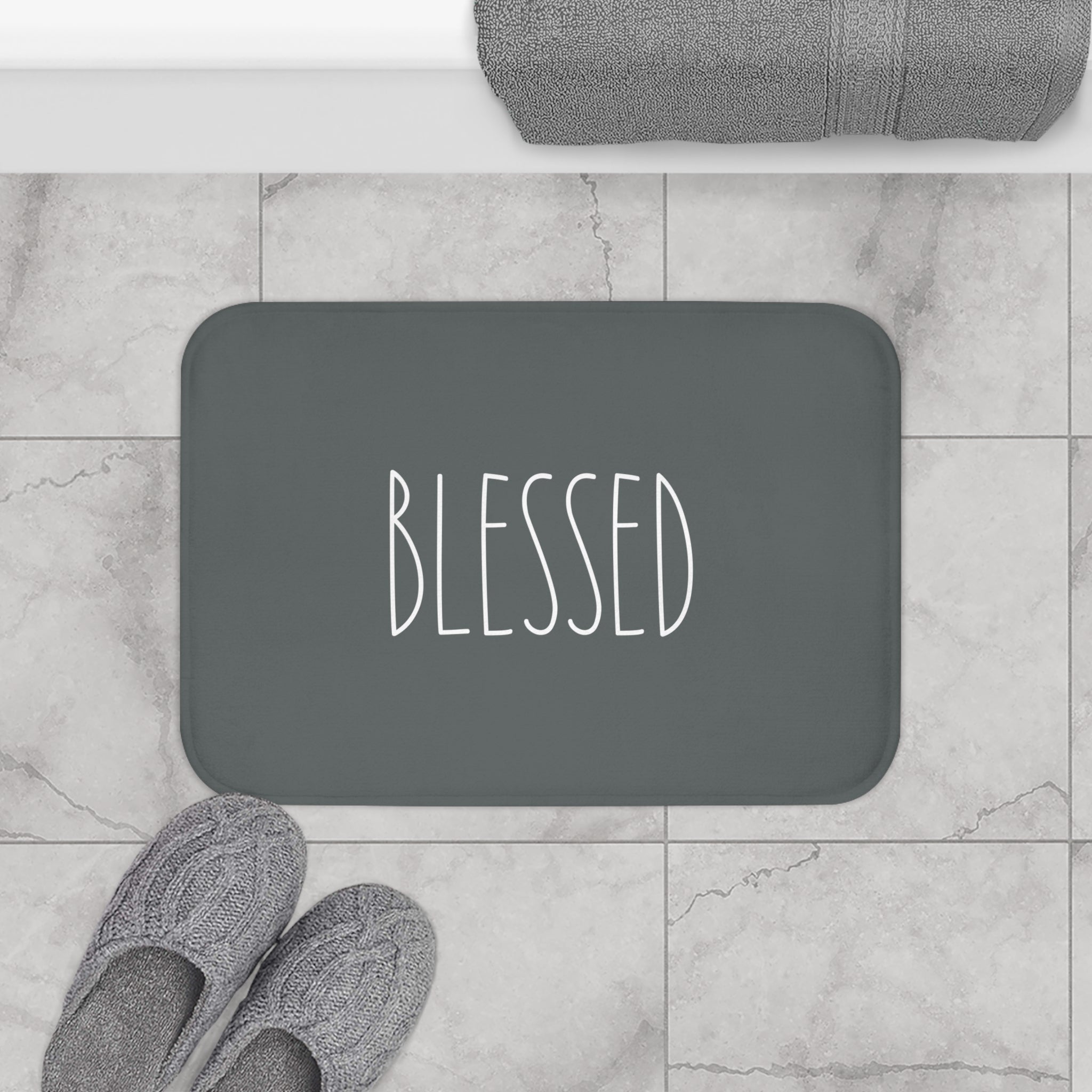 Cute Bath, Kitchen Mat | Grey White, Minimalist Blessed, Rae Dunn Inspired