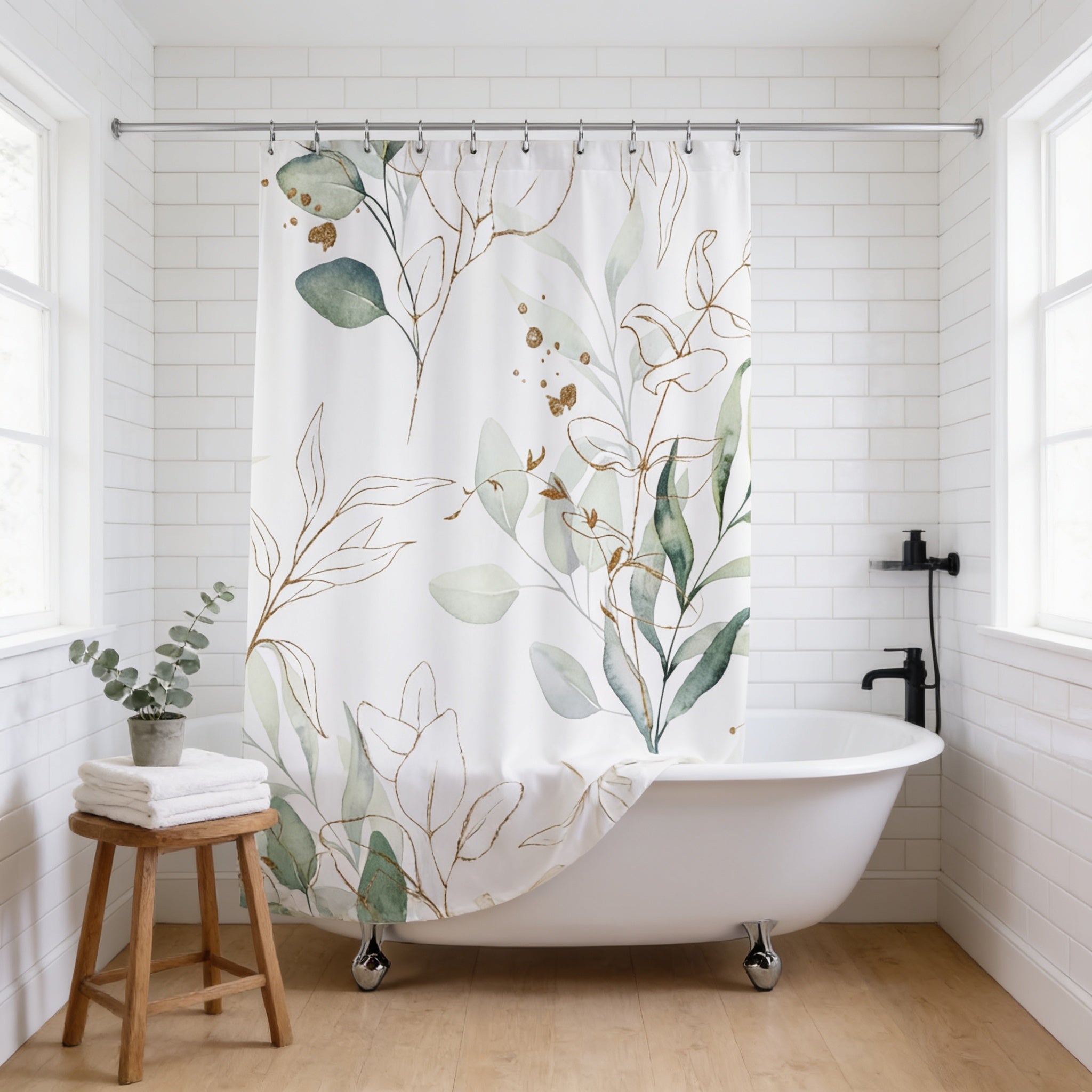 a bathroom with a white bathtub, a shower curtain featuring a floral pattern, and a wooden stool.