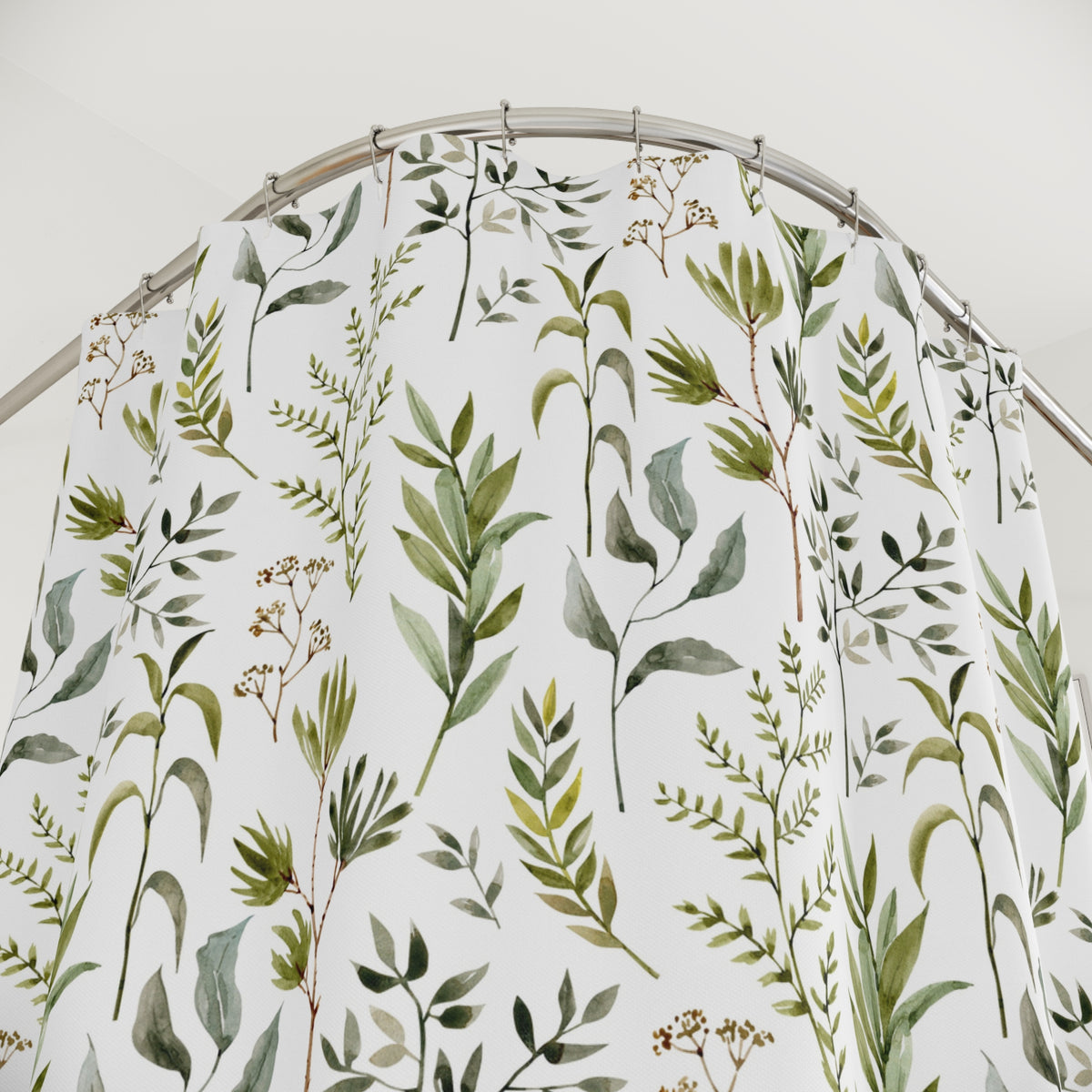 Green White Botanical Herb Shower Curtain, Bath Curtain 71x74