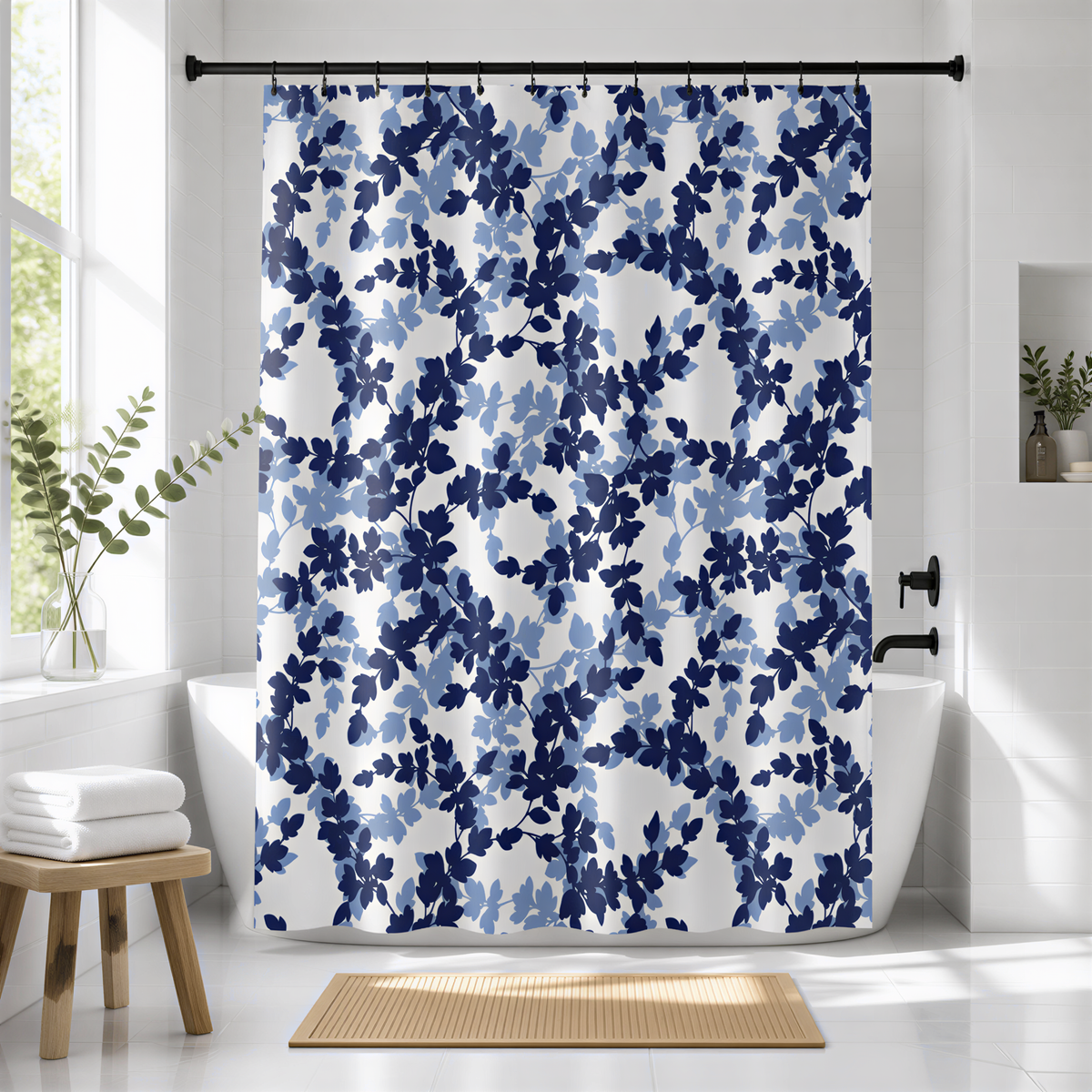 a bathroom with a large blue and white floral shower curtain, a wooden stool, and a potted plant.
