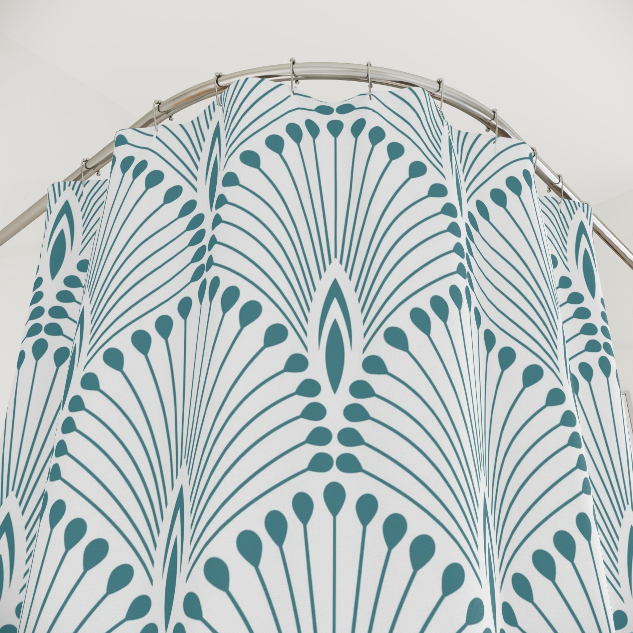 Boho Shower Curtain | Vintage Blue White Art Deco Crane