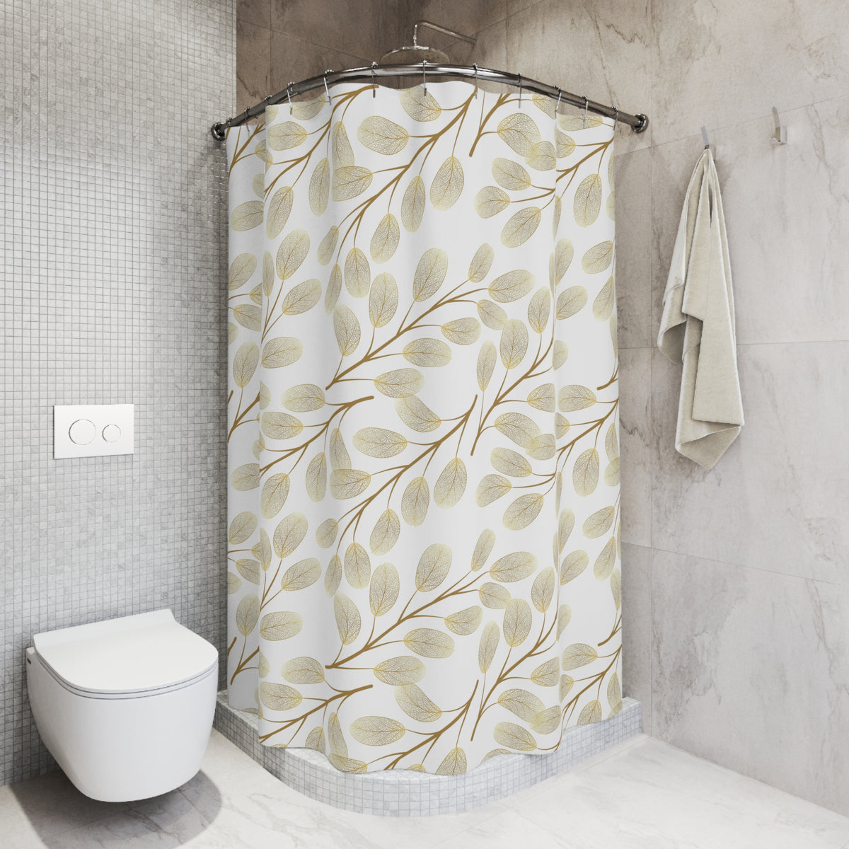 a bathroom with a shower curtain featuring a leaf pattern, a white toilet, and a towel hanging on a rack.