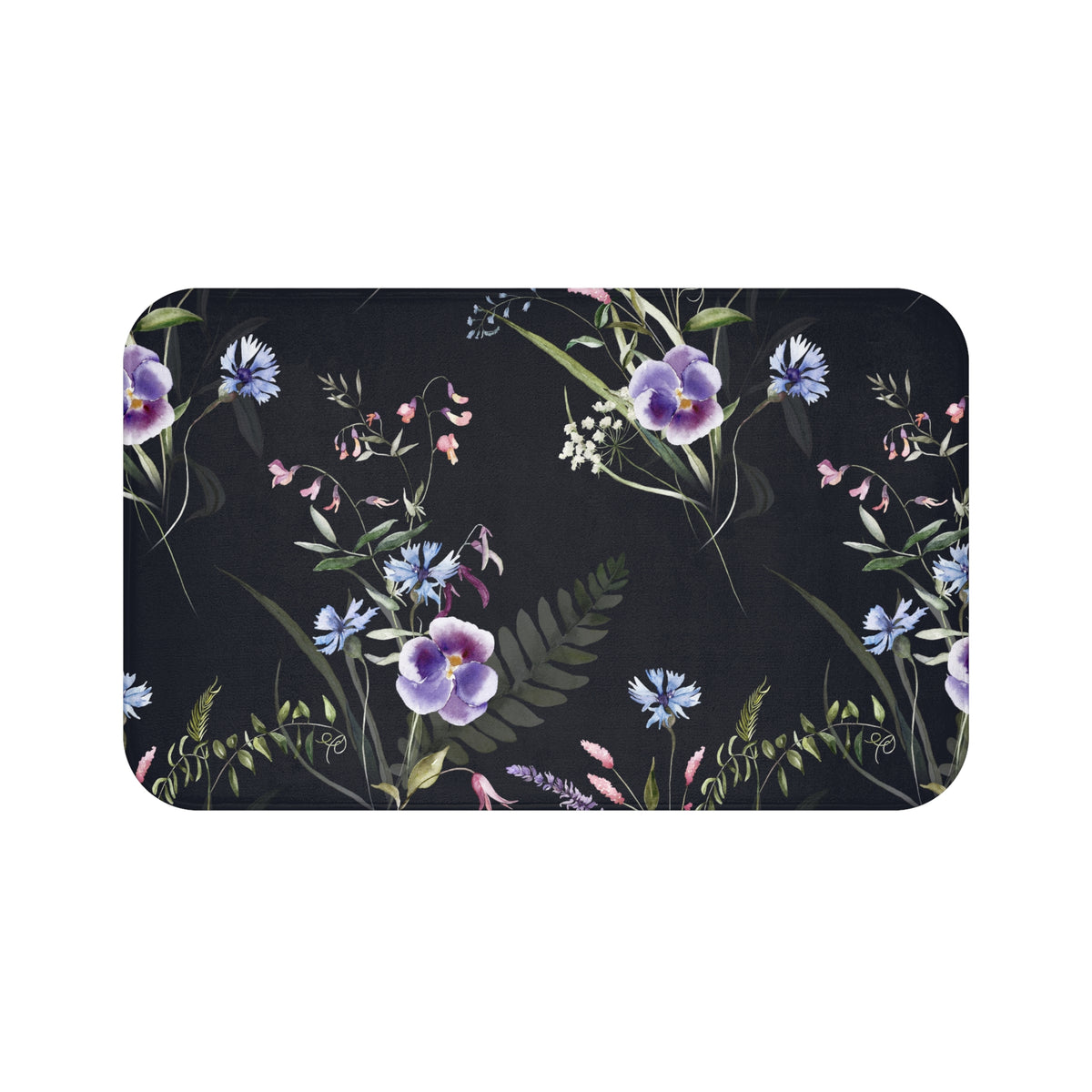 a floral pattern with purple and blue flowers, along with green leaves and ferns, all set against a dark background.