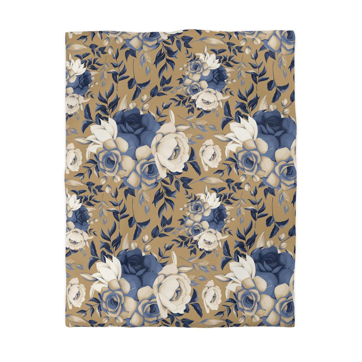 a repeating floral pattern with blue and white flowers and leaves on a beige background.