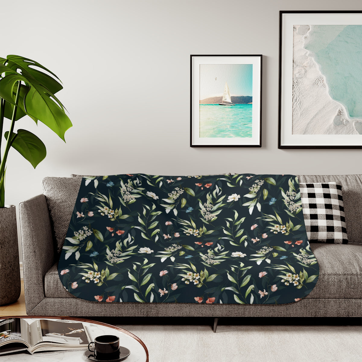Navy Blue Wildflower Sherpa Blanket | Sage Coral Floral Throw