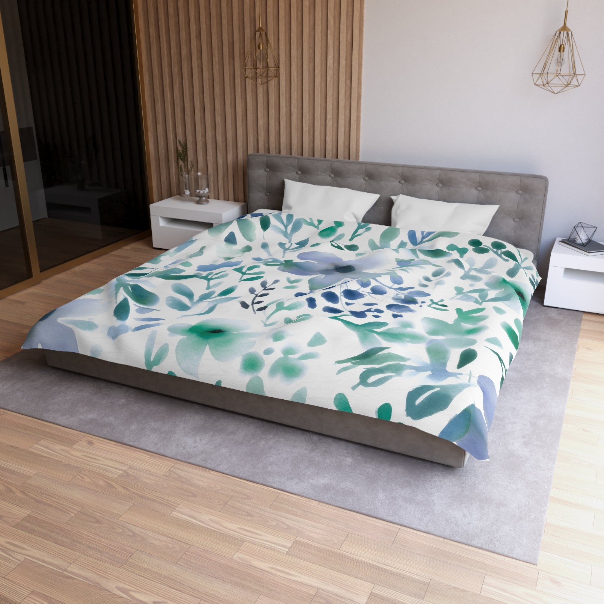 Abstract Duvet, Pillow Cover | Floral, Teal Green Blue White Bedroom Decor