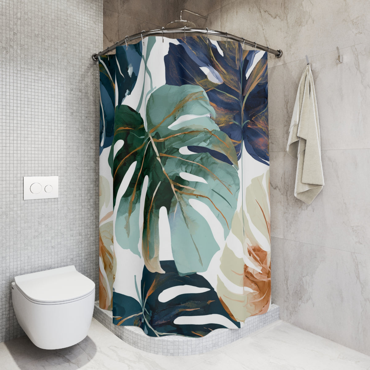 a bathroom with a shower curtain adorned with a tropical leaf pattern in shades of blue, green, and orange. The shower curtain is hanging on a rod next to a towel, and the bathroom has a white toilet and a tiled wall.