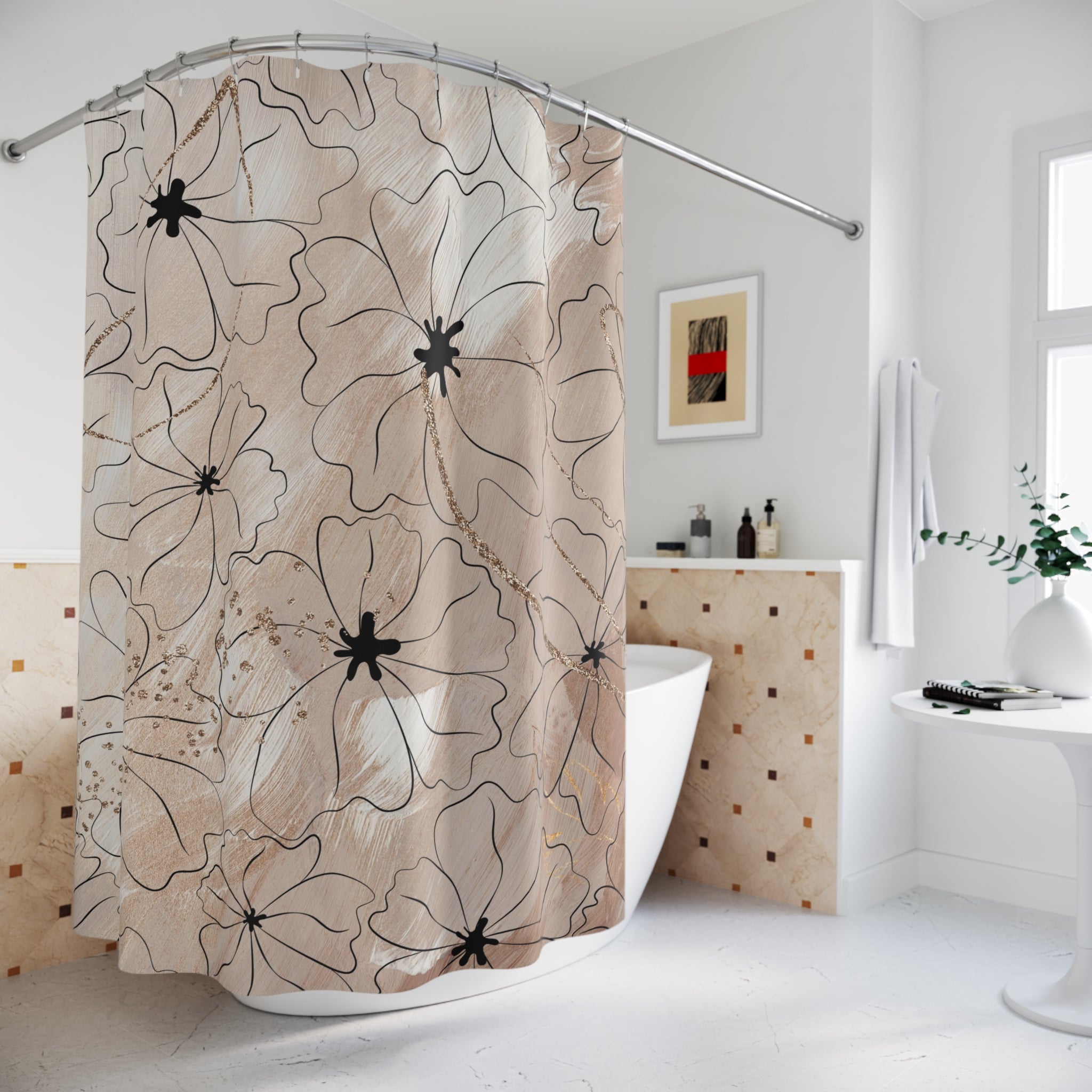 Boho Shower Curtain | Abstract Beige Floral Taupe Black Line Art