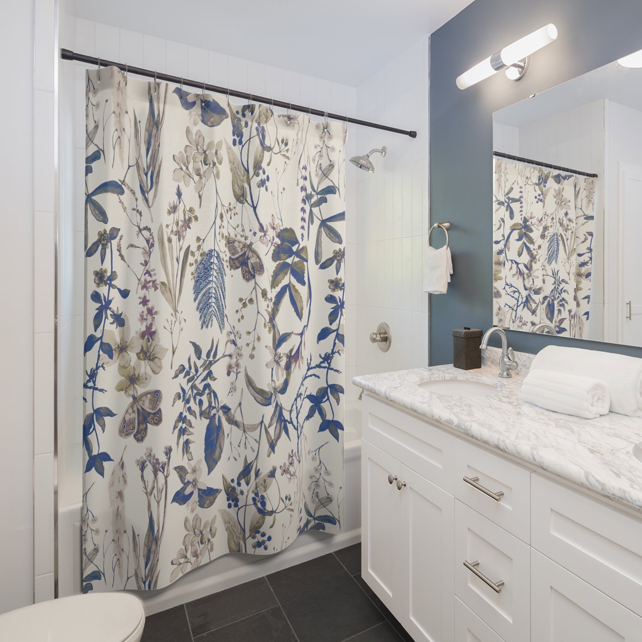 Vintage Blue and Purple Floral Shower Curtain with Butterflies