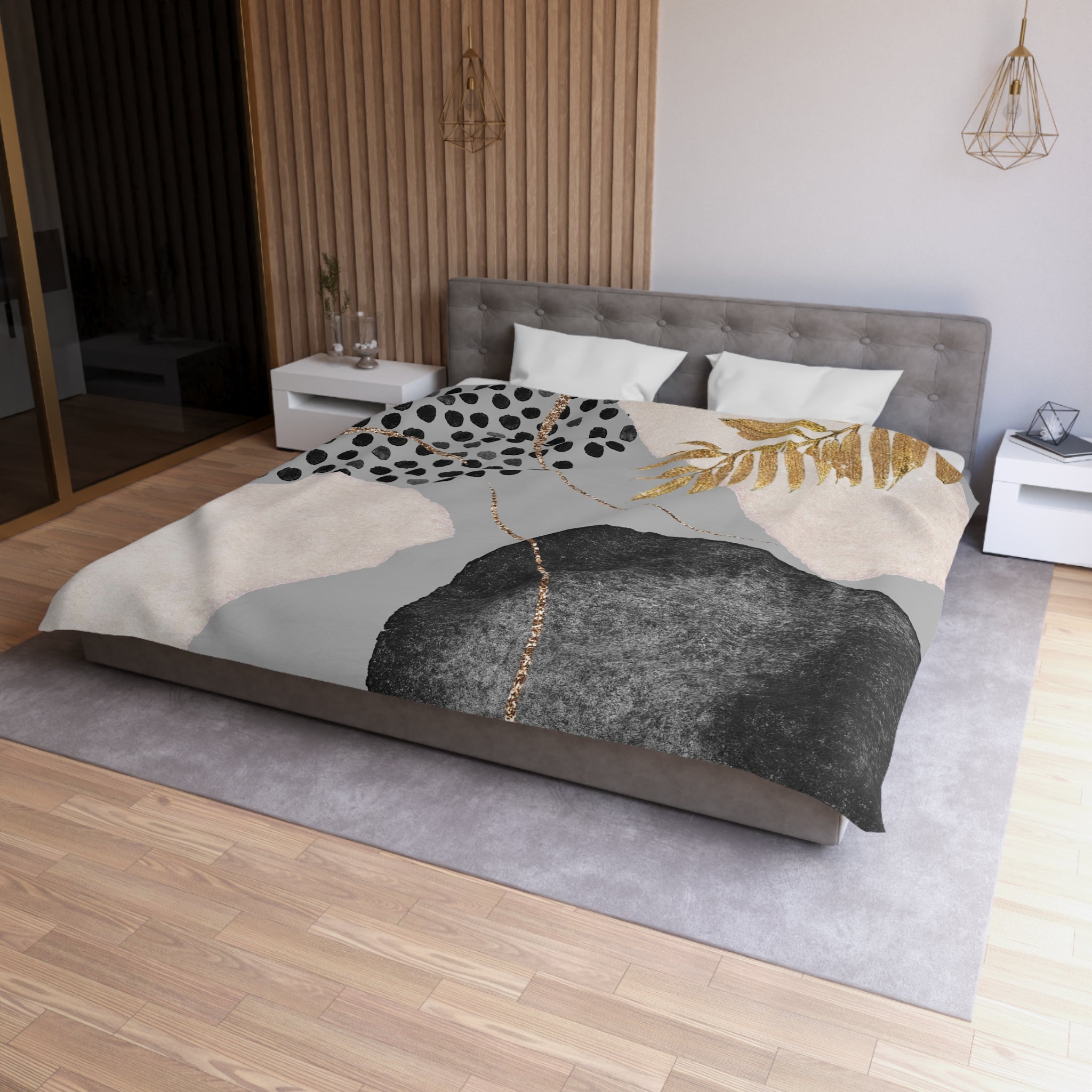 Abstract Duvet Cover | Grey, Cream Gold Leaf | Bedroom Decor
