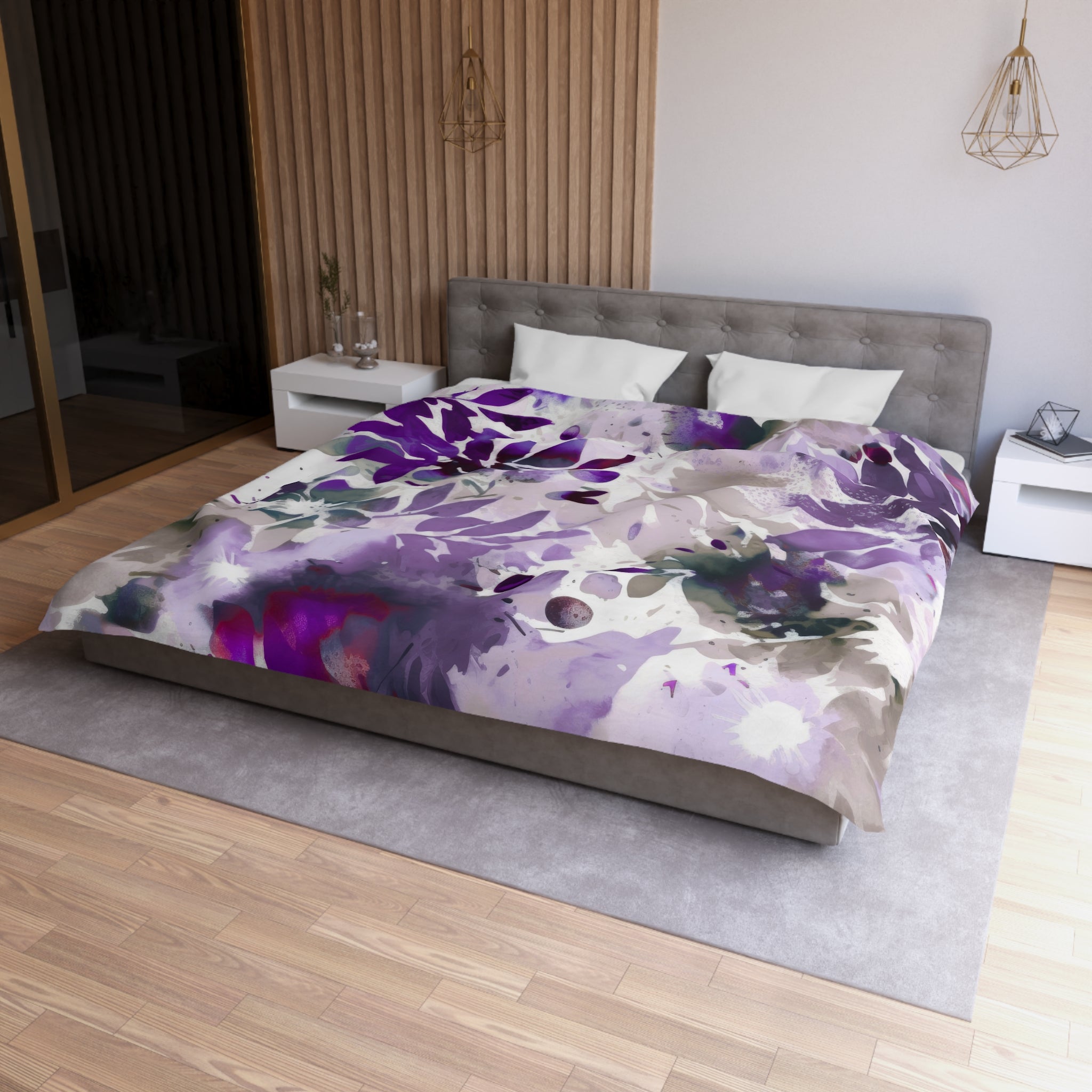 Floral Duvet, Pillow Cover | Purple Beige White Leaves Bedroom Decor