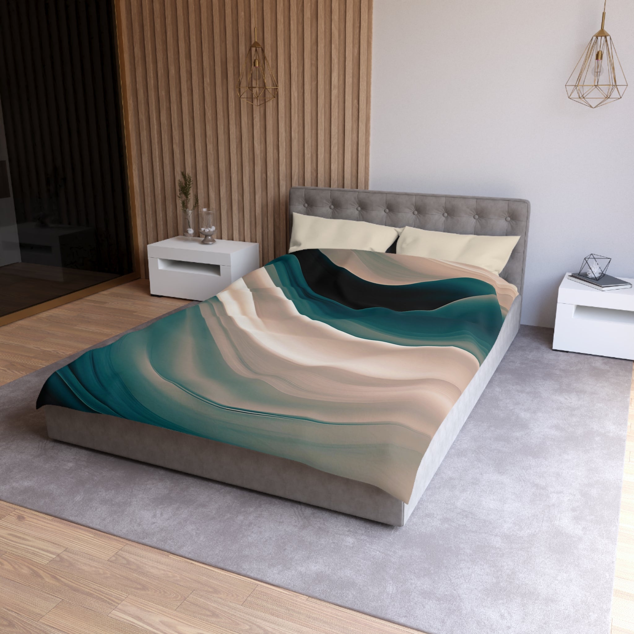 a modern bedroom with a large bed, a gray headboard, and a colorful abstract patterned bedspread.