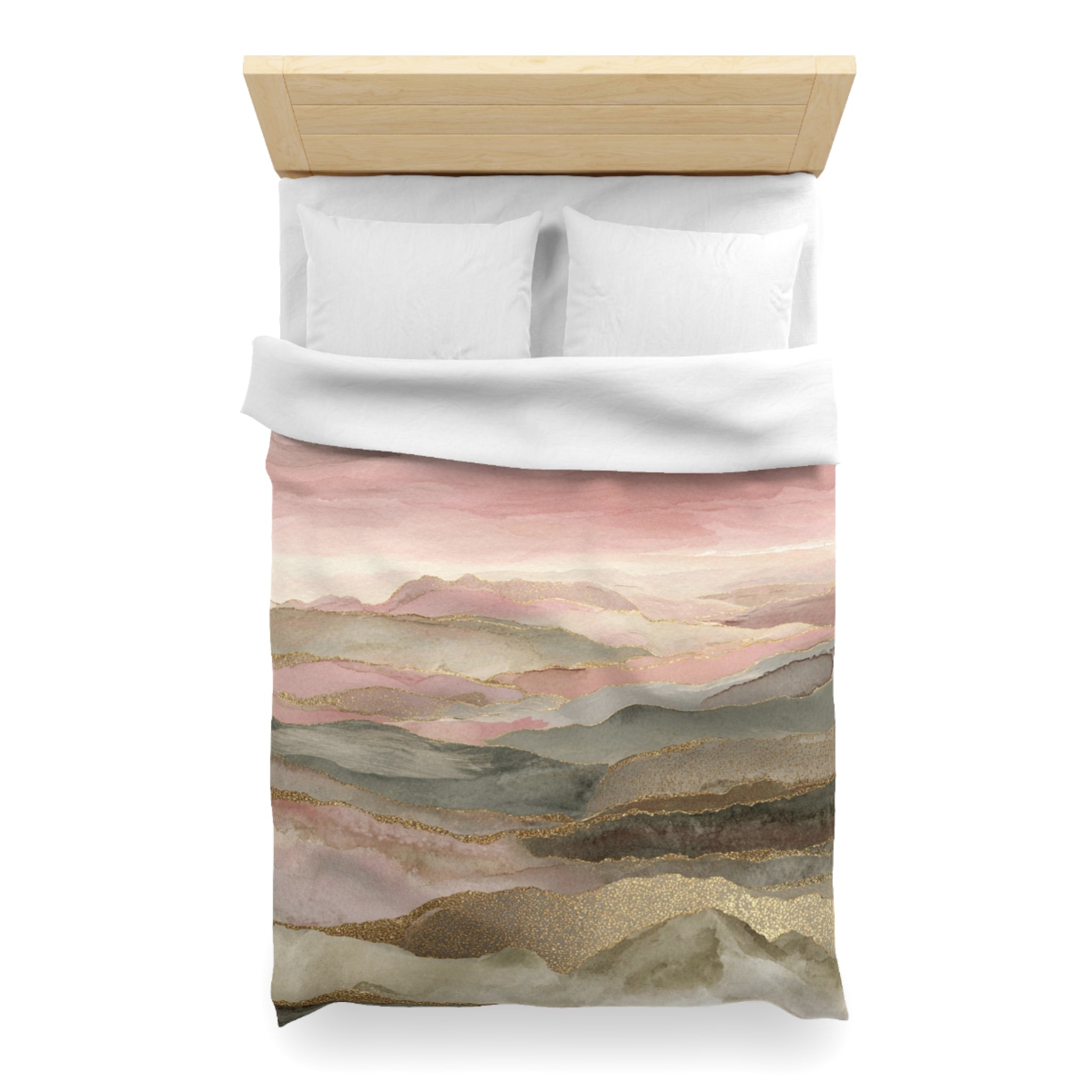 a bed with a white comforter and pillows, featuring a colorful and abstract watercolor-style print depicting a mountain landscape.