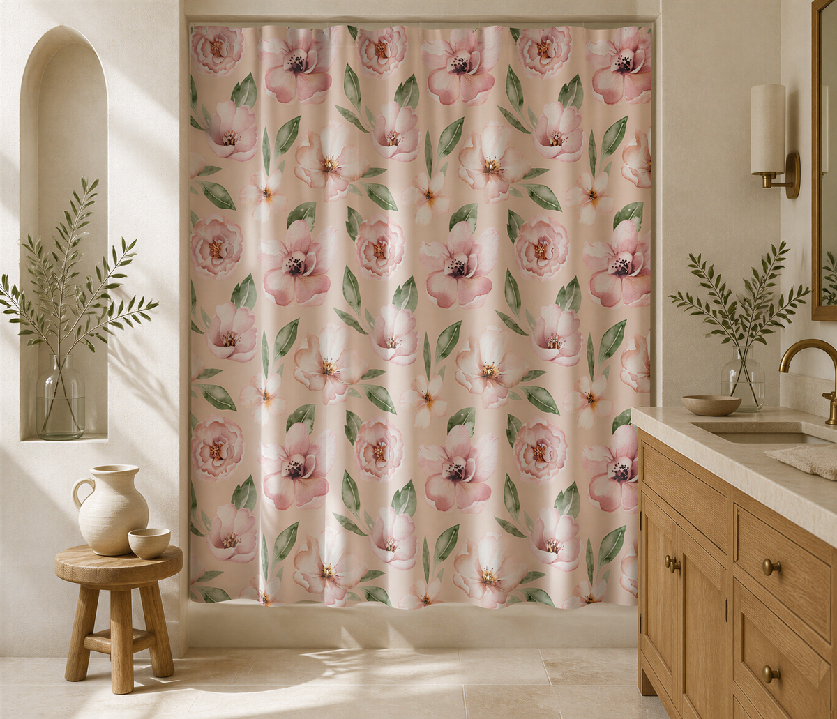a bathroom with a floral patterned shower curtain, a wooden stool, and a vase of flowers on the windowsill.