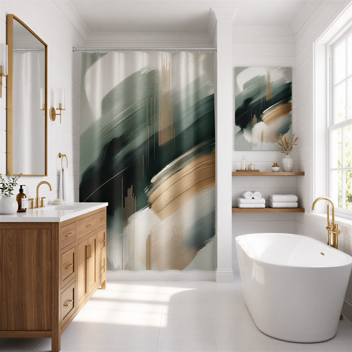 a modern and luxurious bathroom with a large white freestanding bathtub, a wooden vanity with a sink, and a large abstract painting on the wall.