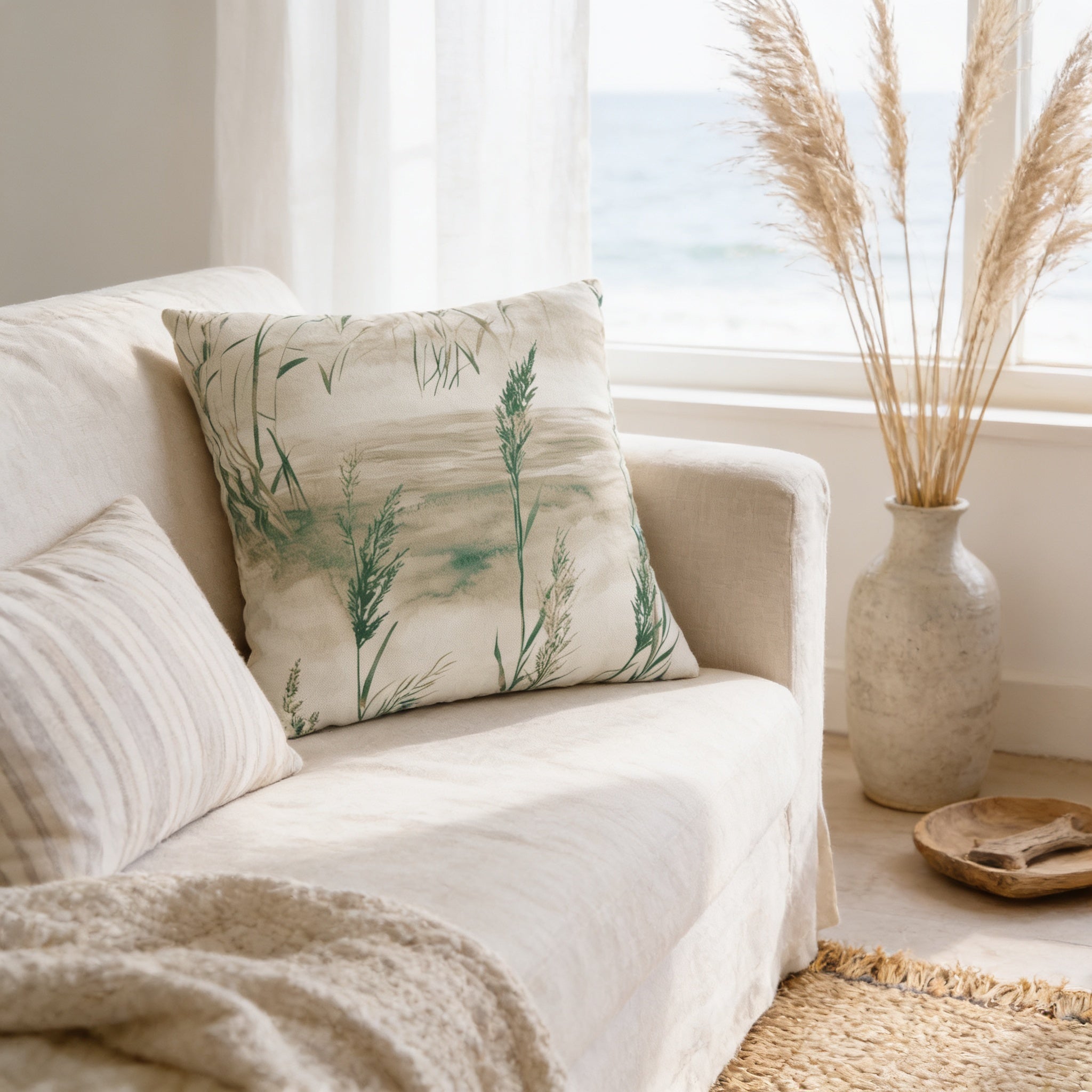 a cozy living room with a white sofa, a decorative pillow with a green plant design, and a vase of dried reeds on a wooden stand. The room has a window overlooking the ocean, creating a serene and relaxing atmosphere.