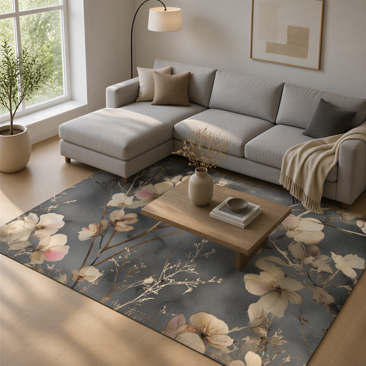 a cozy living room with a gray sectional sofa, a wooden coffee table, and a large floral area rug. The room is illuminated by natural light coming through a window, and there are some decorative elements such as a vase and a book on the coffee table.