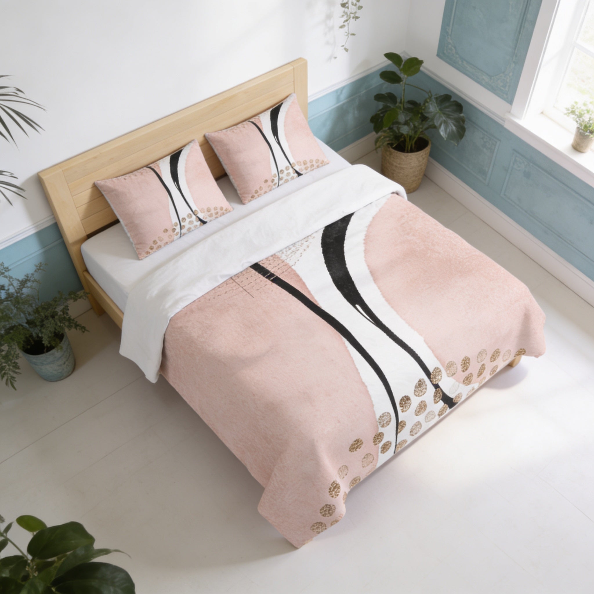 a bedroom with a bed featuring a pink and white comforter with a black and white abstract design. The bed is surrounded by potted plants, and the room has a white and blue color scheme.