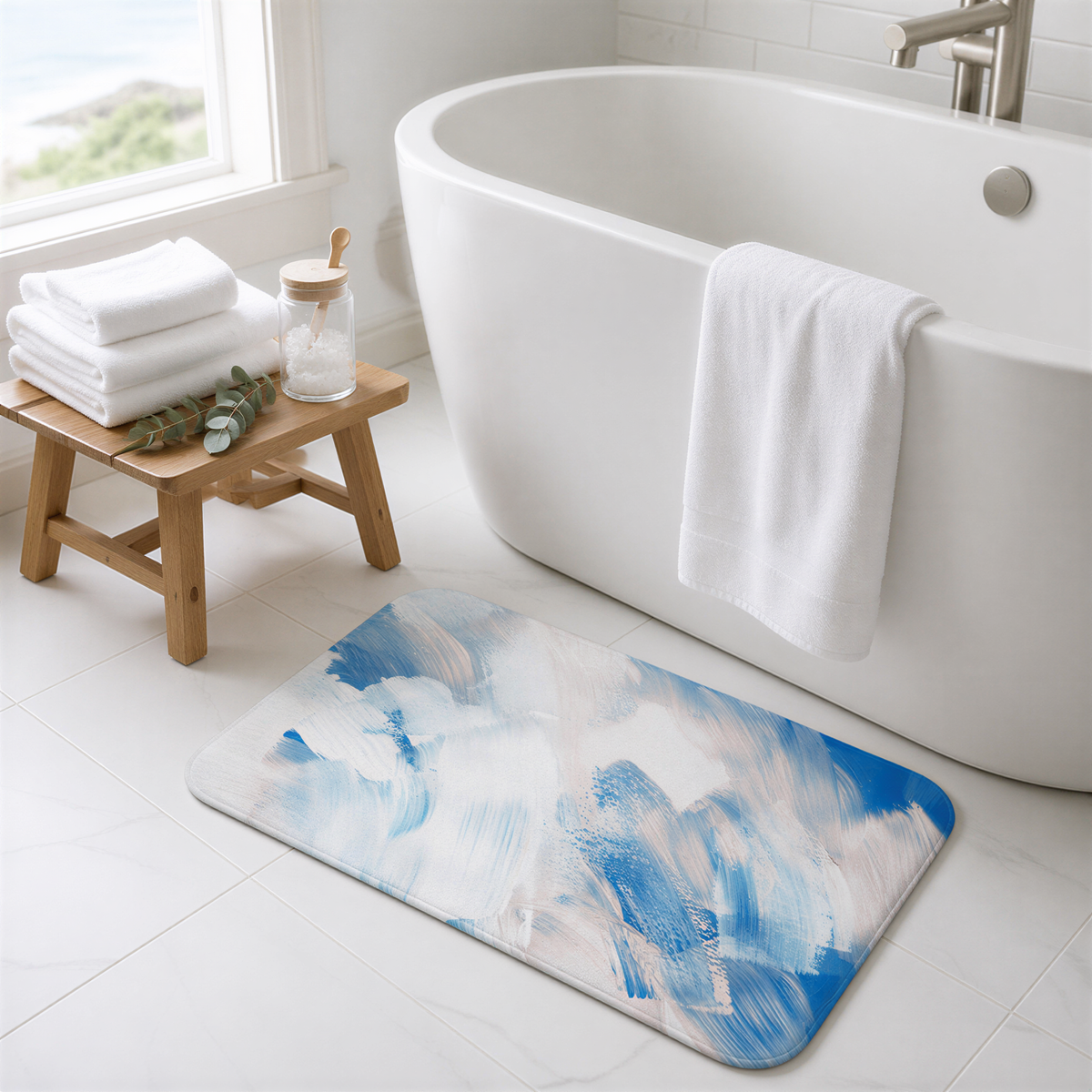 a bathroom with a white bathtub, a wooden stool, and a blue and white bath mat.