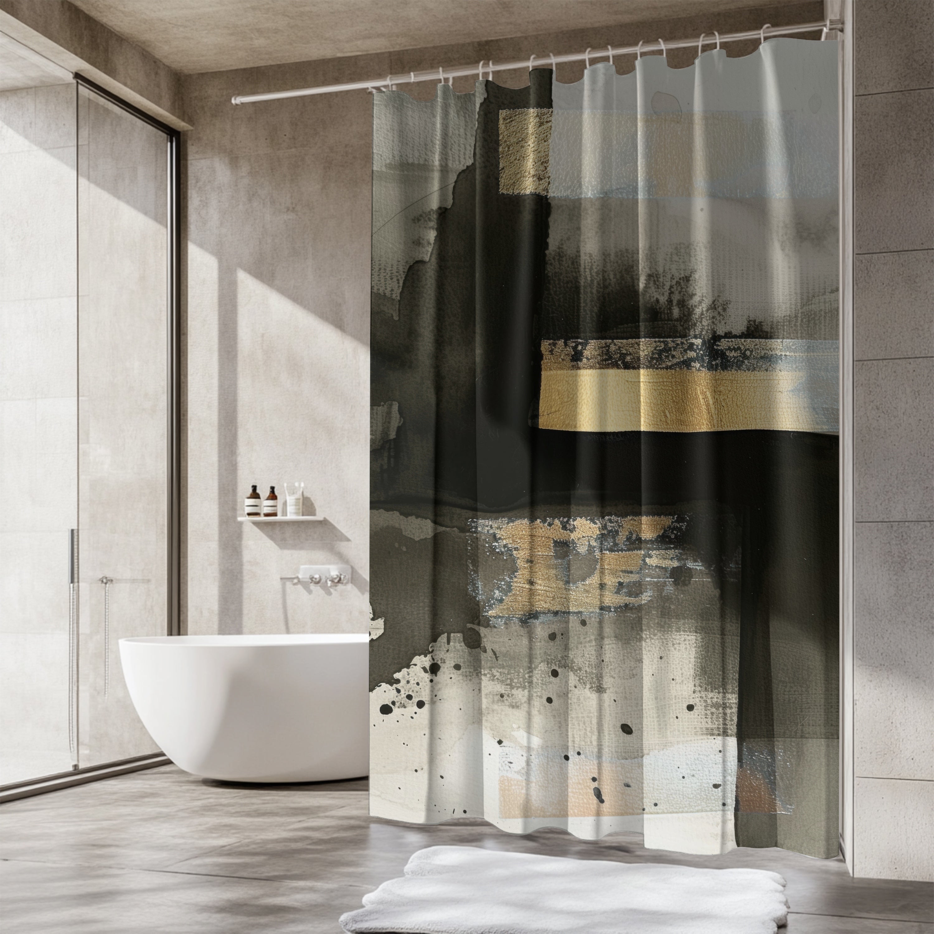 a modern bathroom with a large abstract shower curtain featuring a mix of black, white, and gold colors. The bathroom has a white bathtub and a glass shower door, creating a clean and minimalist aesthetic.