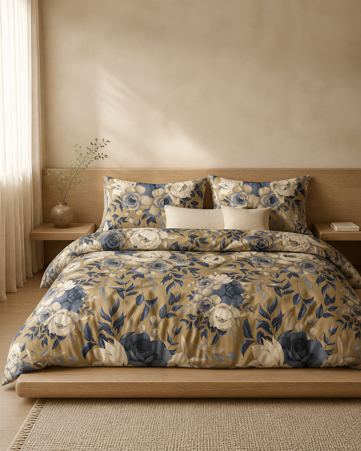 a bedroom with a large bed covered in a floral comforter and pillows. The bed is positioned against a wall with a window, and there is a wooden headboard. The room has a neutral color scheme with beige walls and a wooden floor.