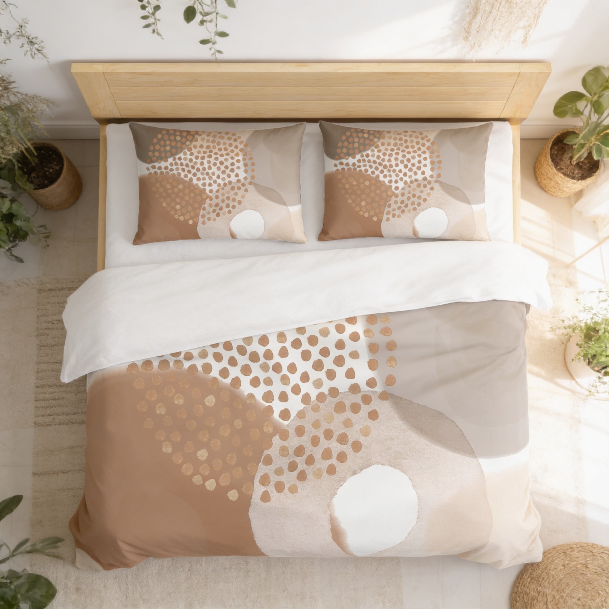 a neatly made bed with a white comforter and pillows, featuring a patterned design in shades of brown and beige. The bed is surrounded by potted plants, creating a cozy and inviting atmosphere.