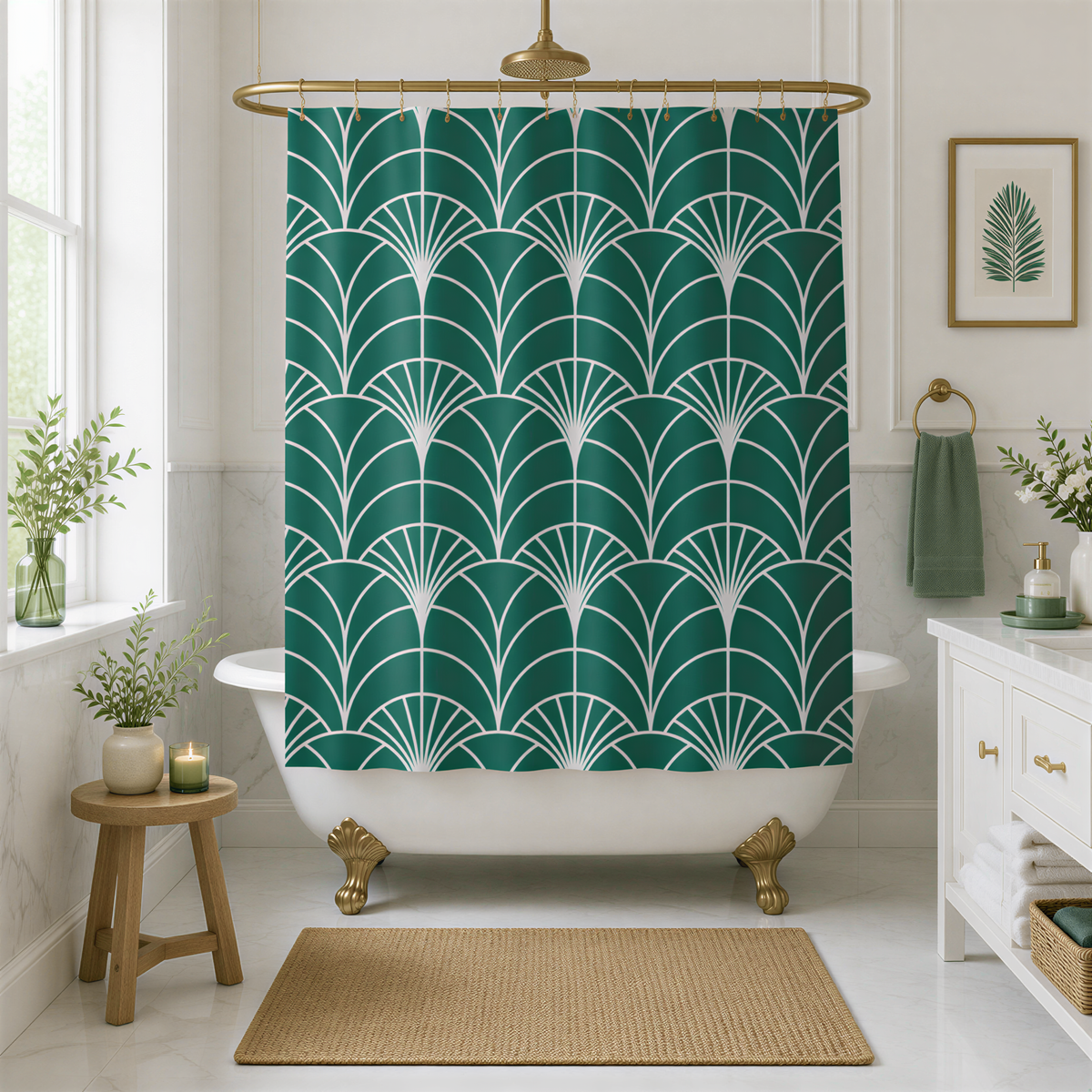 a bathroom with a white clawfoot bathtub, a green and white patterned shower curtain, a wooden stool, and a rug on the floor.