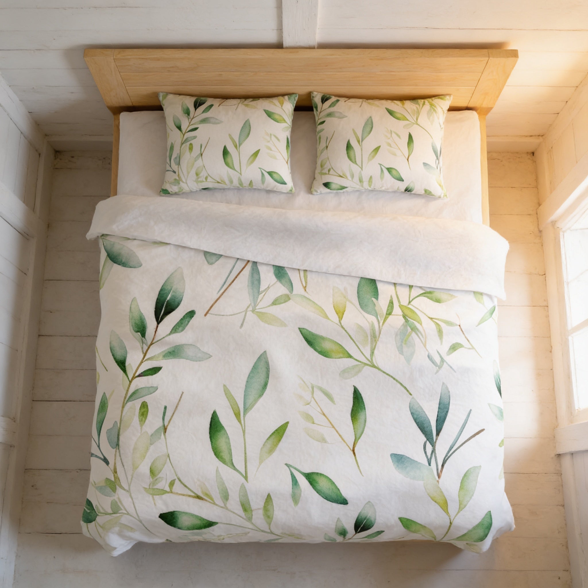a neatly made bed with a white comforter and pillows featuring a leafy green and white pattern.