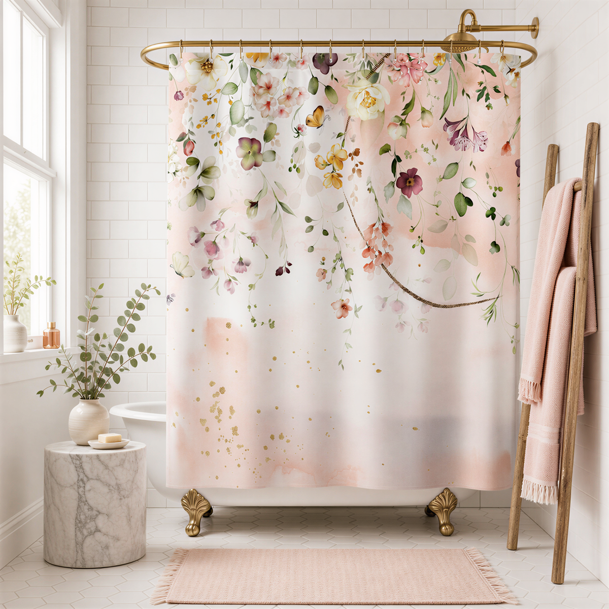 a bathroom with a white bathtub, a marble pedestal table, and a pink floral shower curtain.