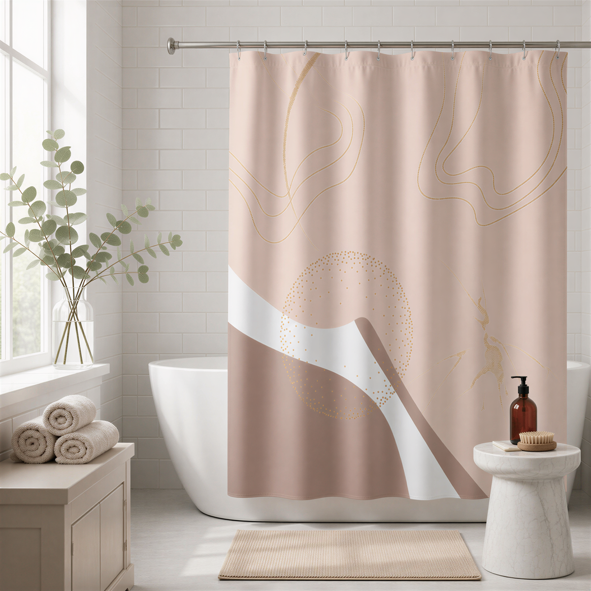 a bathroom with a shower curtain featuring abstract designs in shades of pink and white. The bathroom is well-decorated with a white bathtub, a small table with a vase of greenery, and a bottle of soap on a white pedestal.