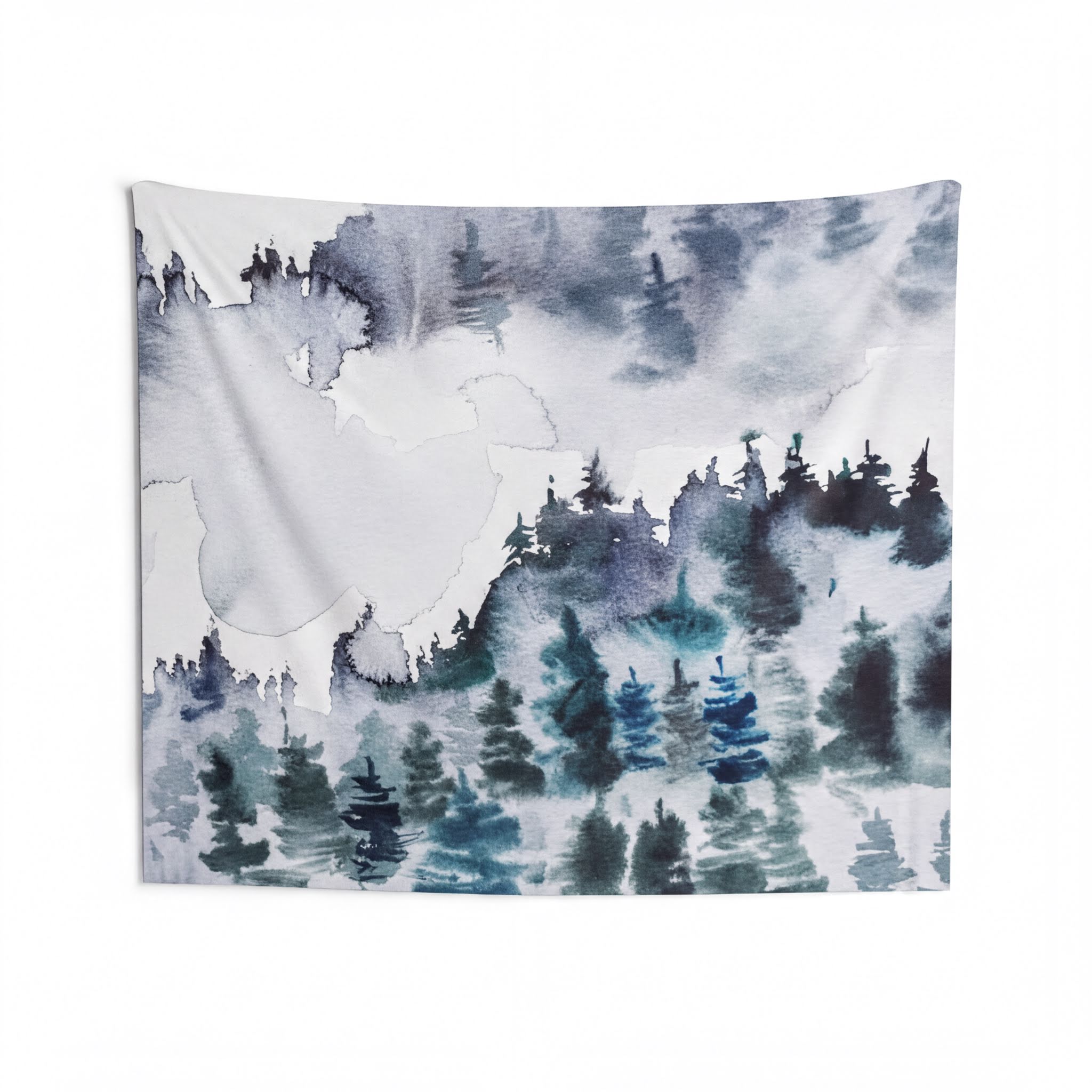 Landscape Tapestry Indigo Blue Grey Woodland Forest displayed in a bedroom