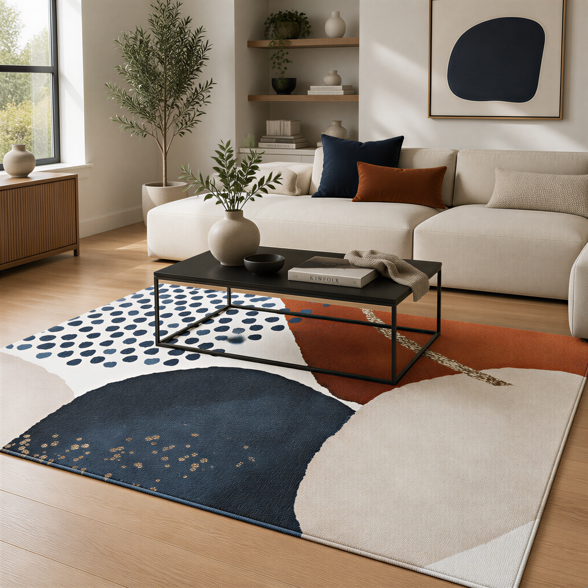 a modern living room with a white sofa, a black coffee table, and a large abstract rug with blue and orange geometric patterns. The room is decorated with various plants, vases, and books, creating a cozy and stylish atmosphere.