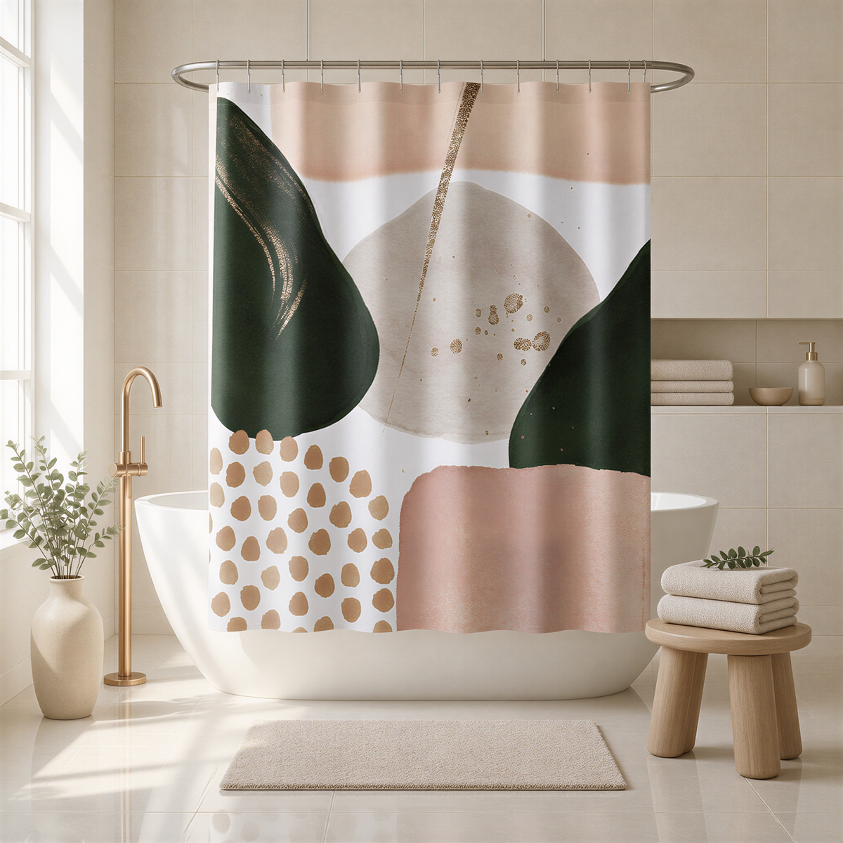 a bathroom with a white bathtub, a shower curtain with abstract designs in shades of pink, green, and white, and a wooden stool.