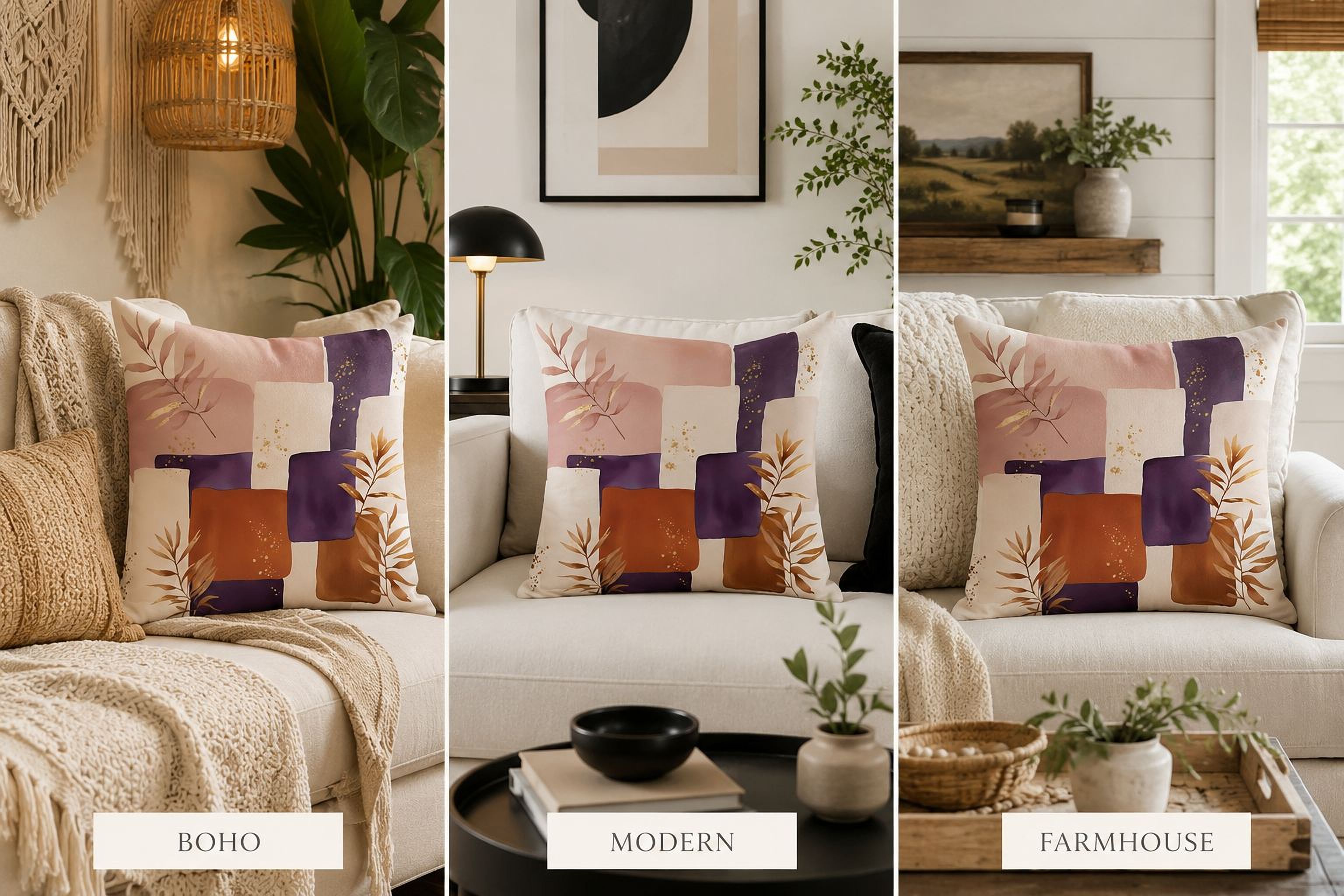The image is a collage of three different living room designs, each with a unique color scheme and style. The first design features a white couch with a beige blanket and a colorful throw pillow. The second design showcases a white couch with a black and white abstract pillow. The third design presents a white couch with a wooden coffee table and a white vase with greenery.