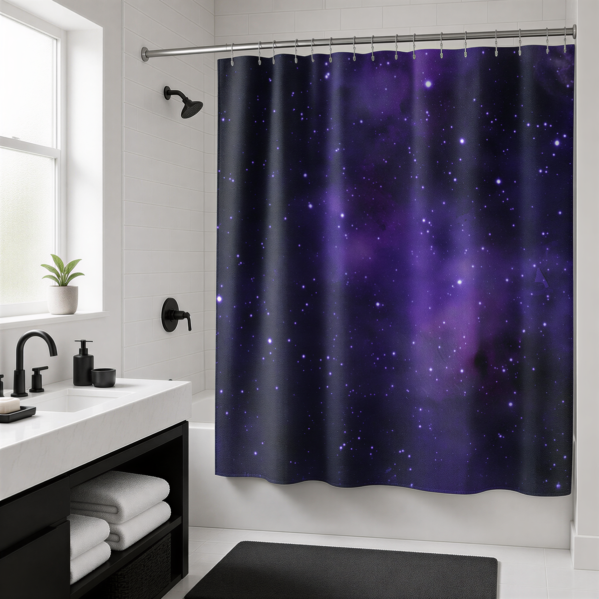 a bathroom with a shower curtain featuring a starry night sky design.