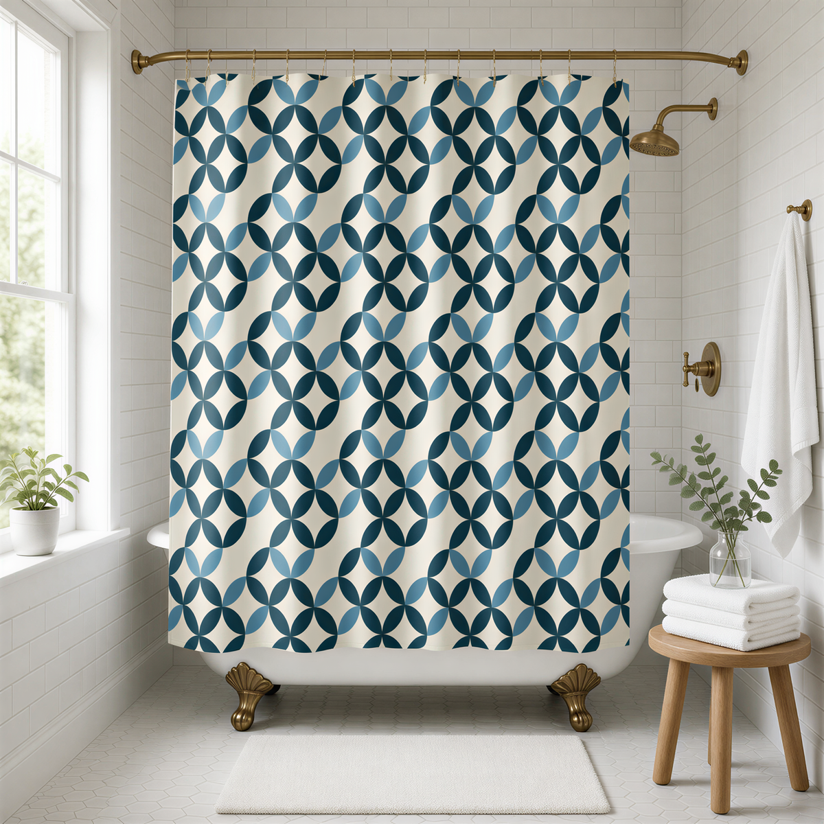 a bathroom with a white bathtub, a shower curtain with a blue and white geometric pattern, and a wooden stool with a plant on it.