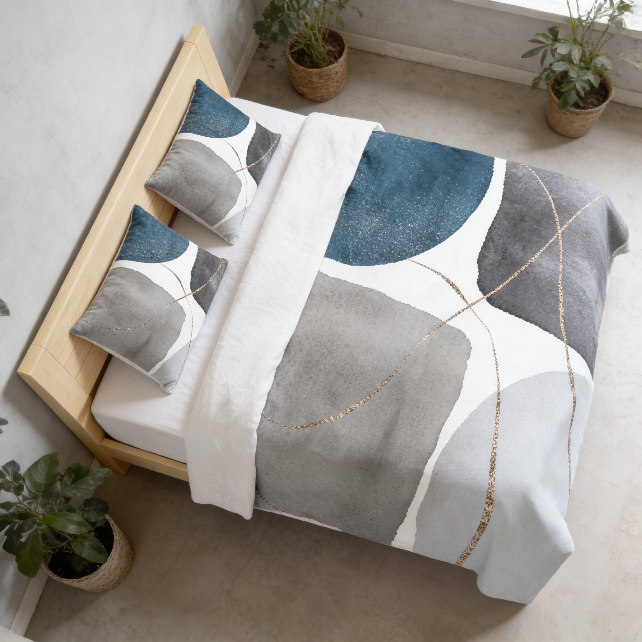 a bedroom with a bed featuring a gray and white abstract patterned comforter and matching pillows. The bed is positioned against a wall, with two potted plants placed on either side. The room has a minimalist and modern design, with a focus on the bed and its decorative elements.