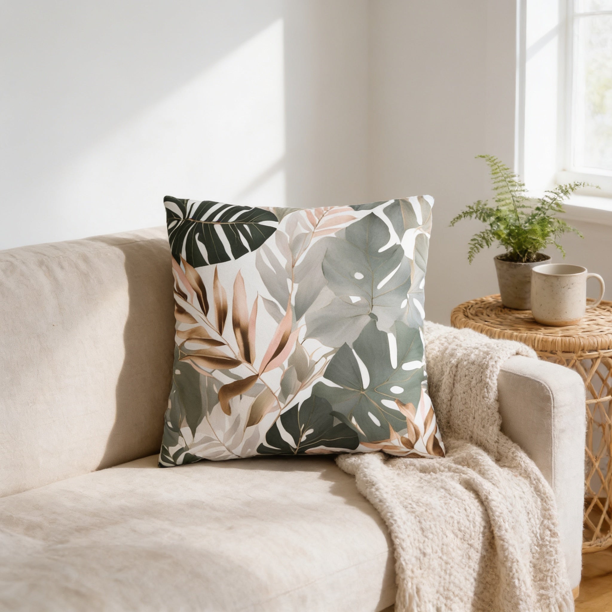 A beige sofa with a decorative throw pillow featuring a tropical leaf pattern, accompanied by a woven side table with a potted plant and a mug.