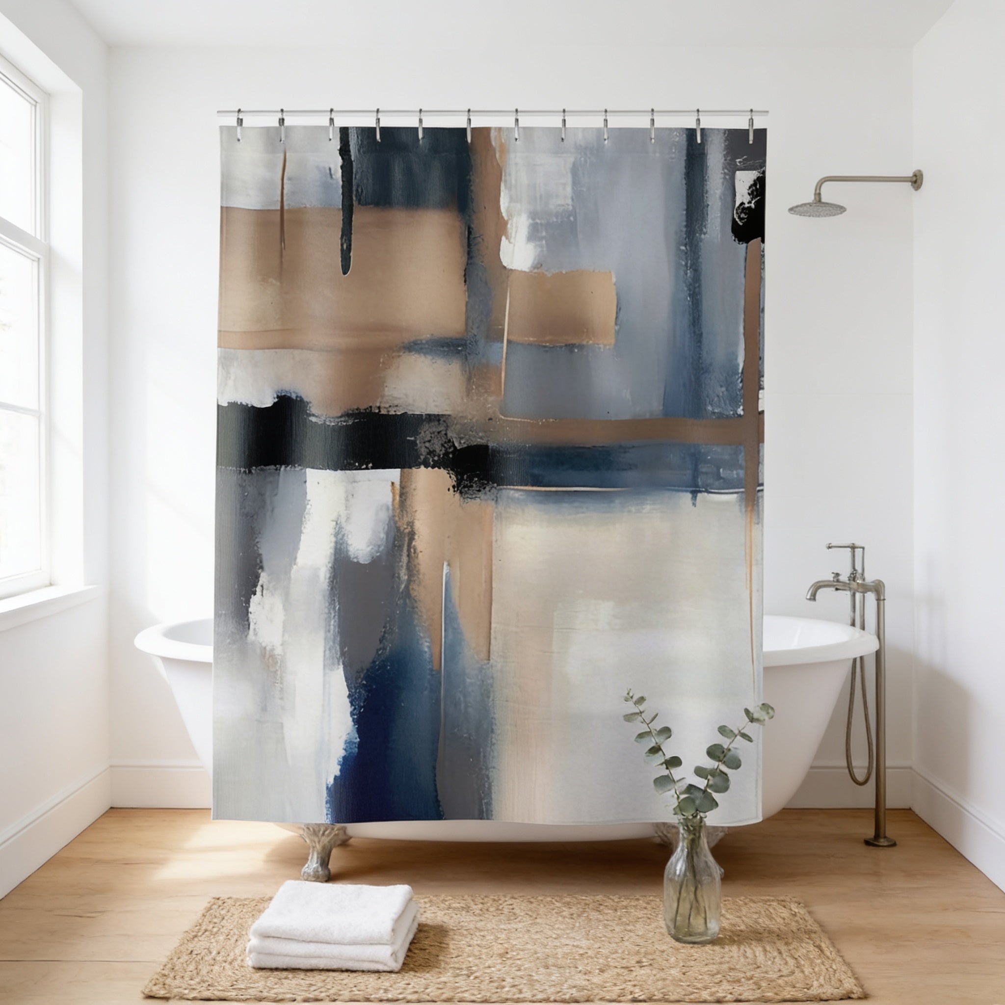 a bathroom with a large abstract painting hanging on the wall above a white bathtub. The painting features a mix of blue, brown, and gray colors, creating a modern and artistic atmosphere. The bathroom also includes a shower head, a towel rack, and a vase with greenery, adding to the overall aesthetic of the space.