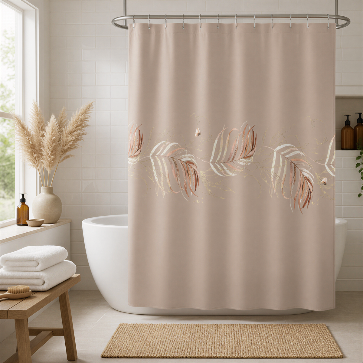 a bathroom with a shower curtain featuring a floral design, a white bathtub, a wooden bench, and a window overlooking the outdoors.