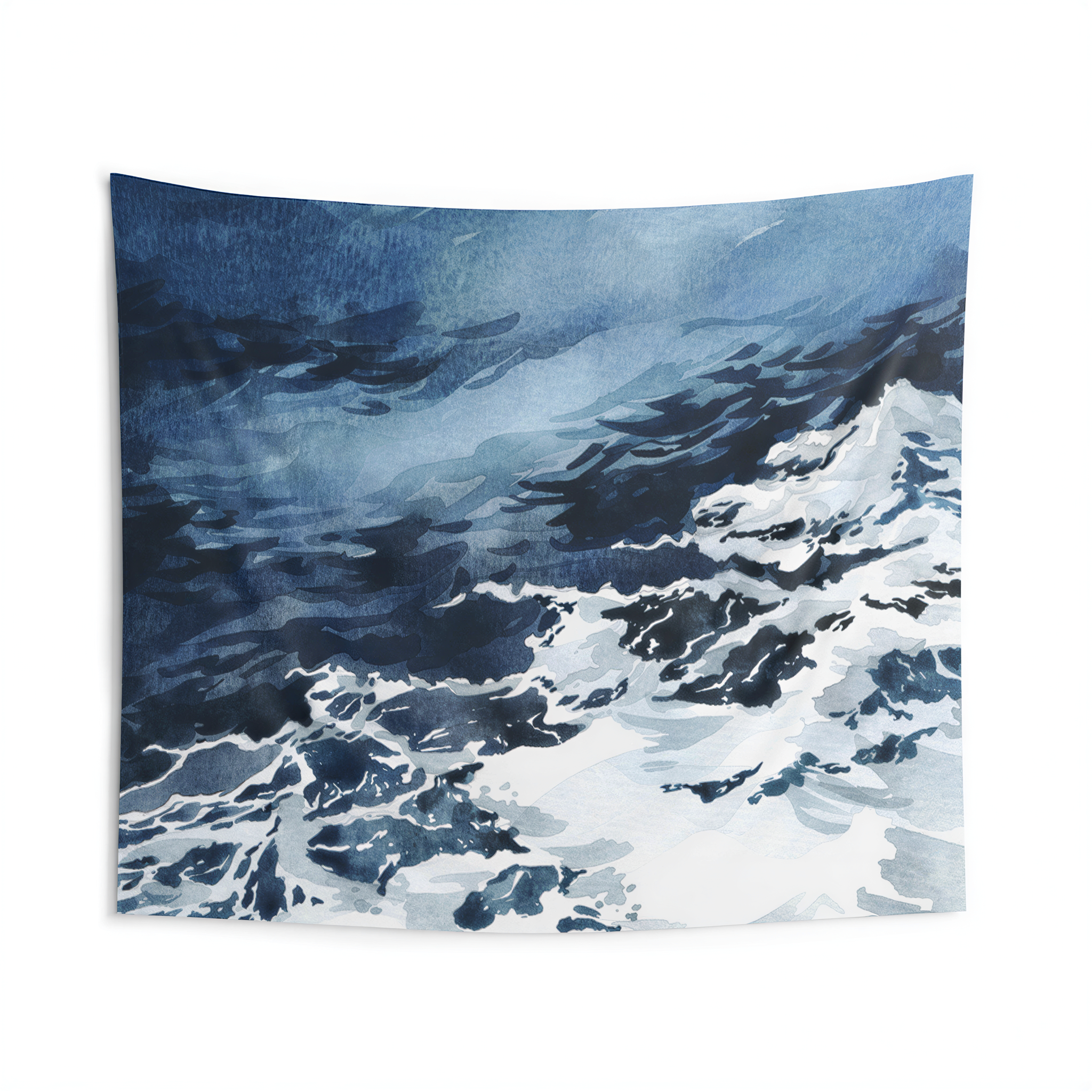 Ocean Waves Tapestry Blue White Bohemian hanging on a living room wall