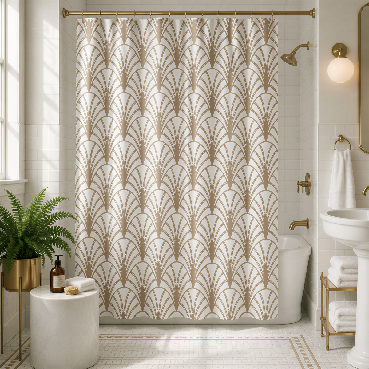 a bathroom with a shower curtain featuring a repeating pattern of palm leaves in shades of brown and white. The bathroom is well-decorated with a potted plant, a bottle, and a towel rack. The overall color scheme is predominantly white and gold, creating a luxurious and elegant atmosphere.