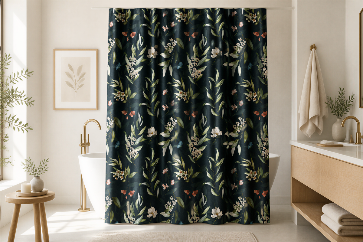 a modern bathroom with a large floral patterned shower curtain, a wooden vanity, and a framed artwork on the wall.