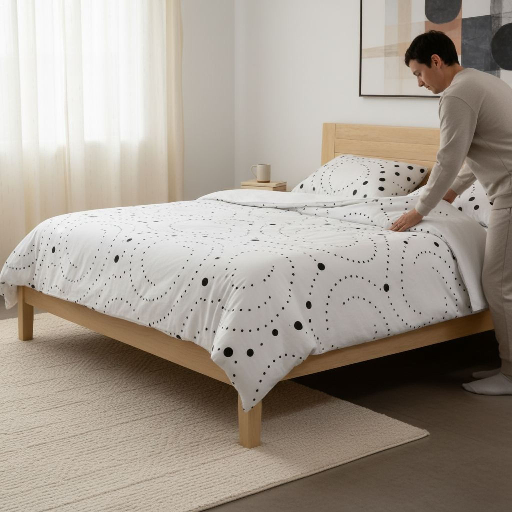 A man is arranging the bed linens in a bedroom with a white and black patterned comforter and pillows.