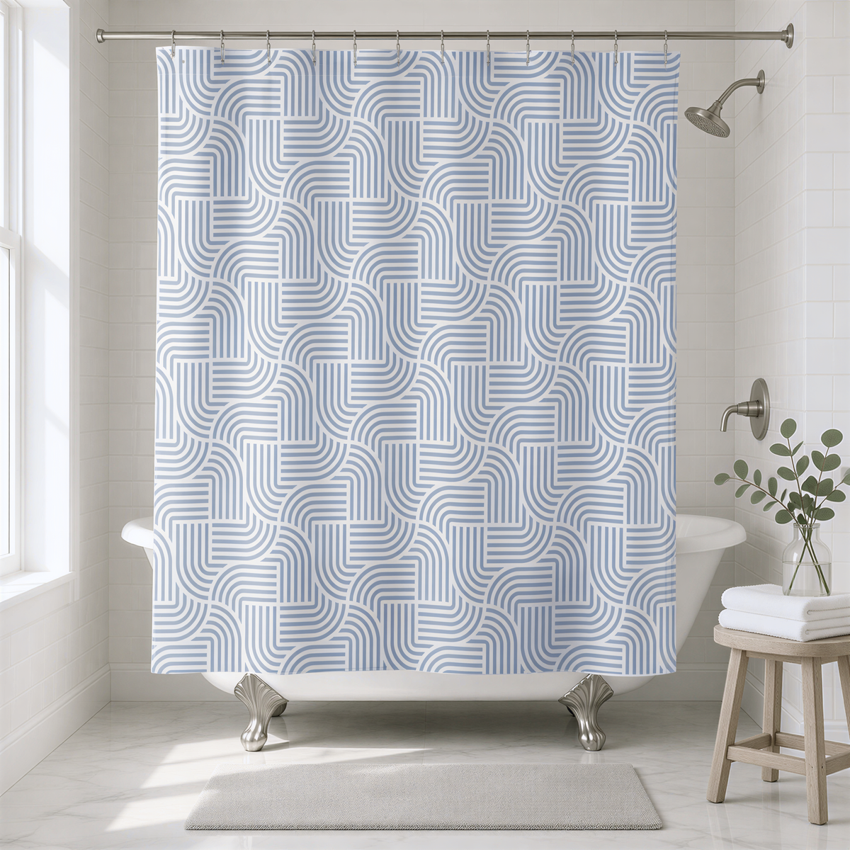 a bathroom with a white bathtub, a shower curtain with a blue and white geometric pattern, and a wooden stool with a plant on it.