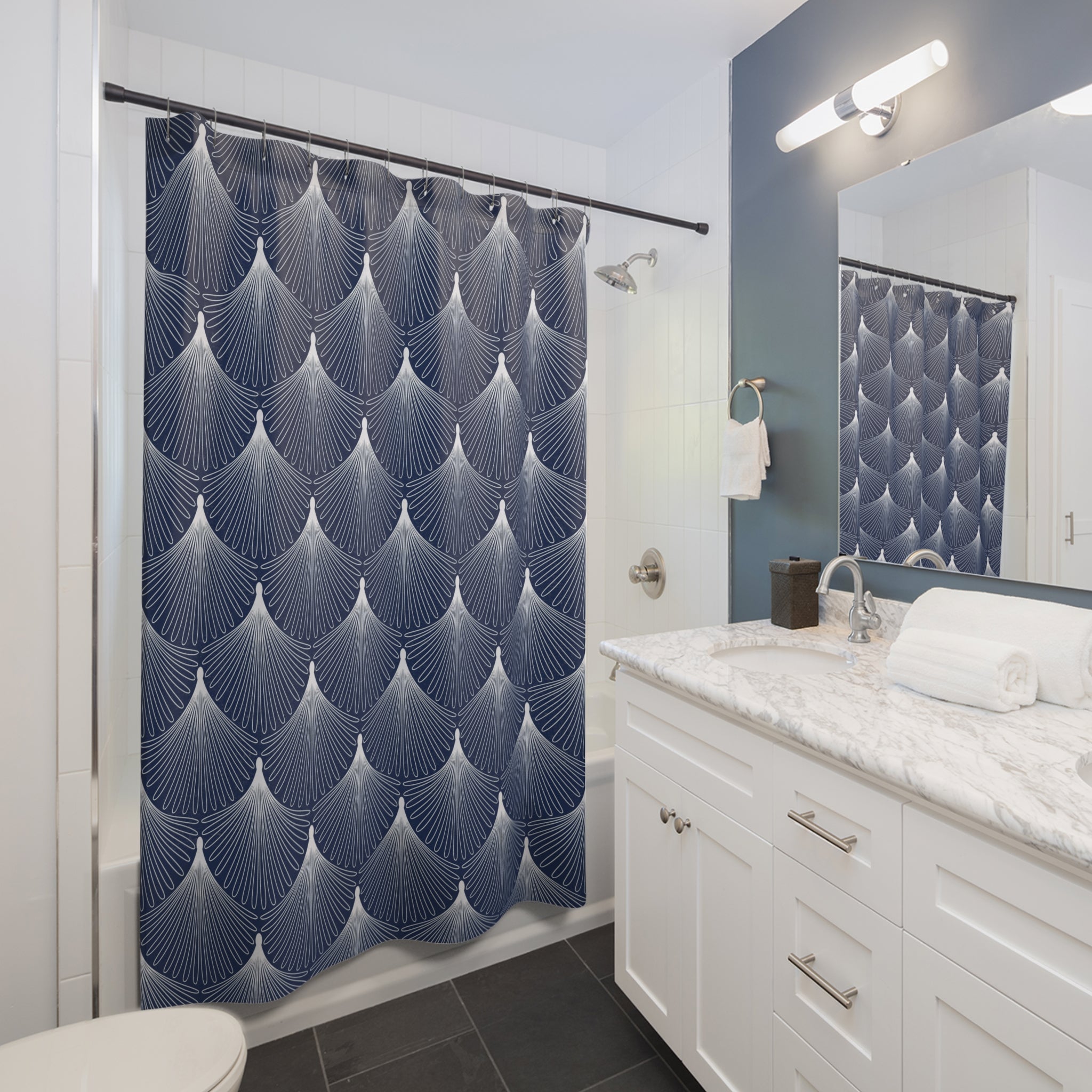 Art Deco Shower Curtain | Blue White Fan Bathroom Decor