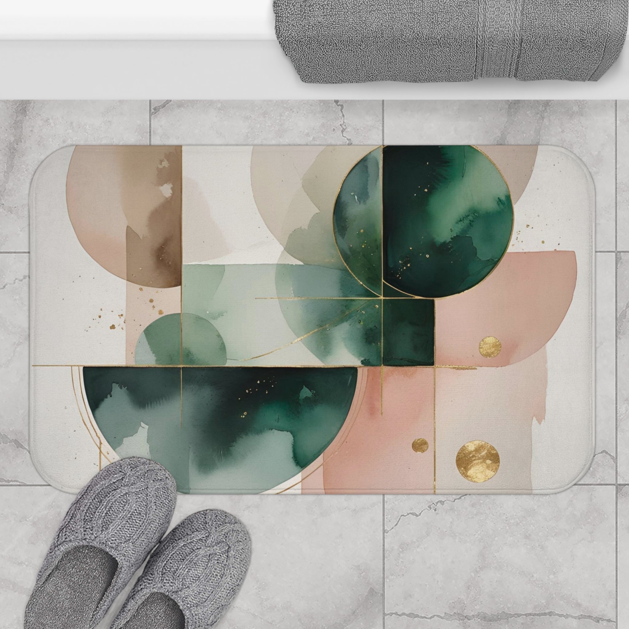 Abstract Bath Mat | Green Beige Pink, White Muted Gold Kitchen Mat