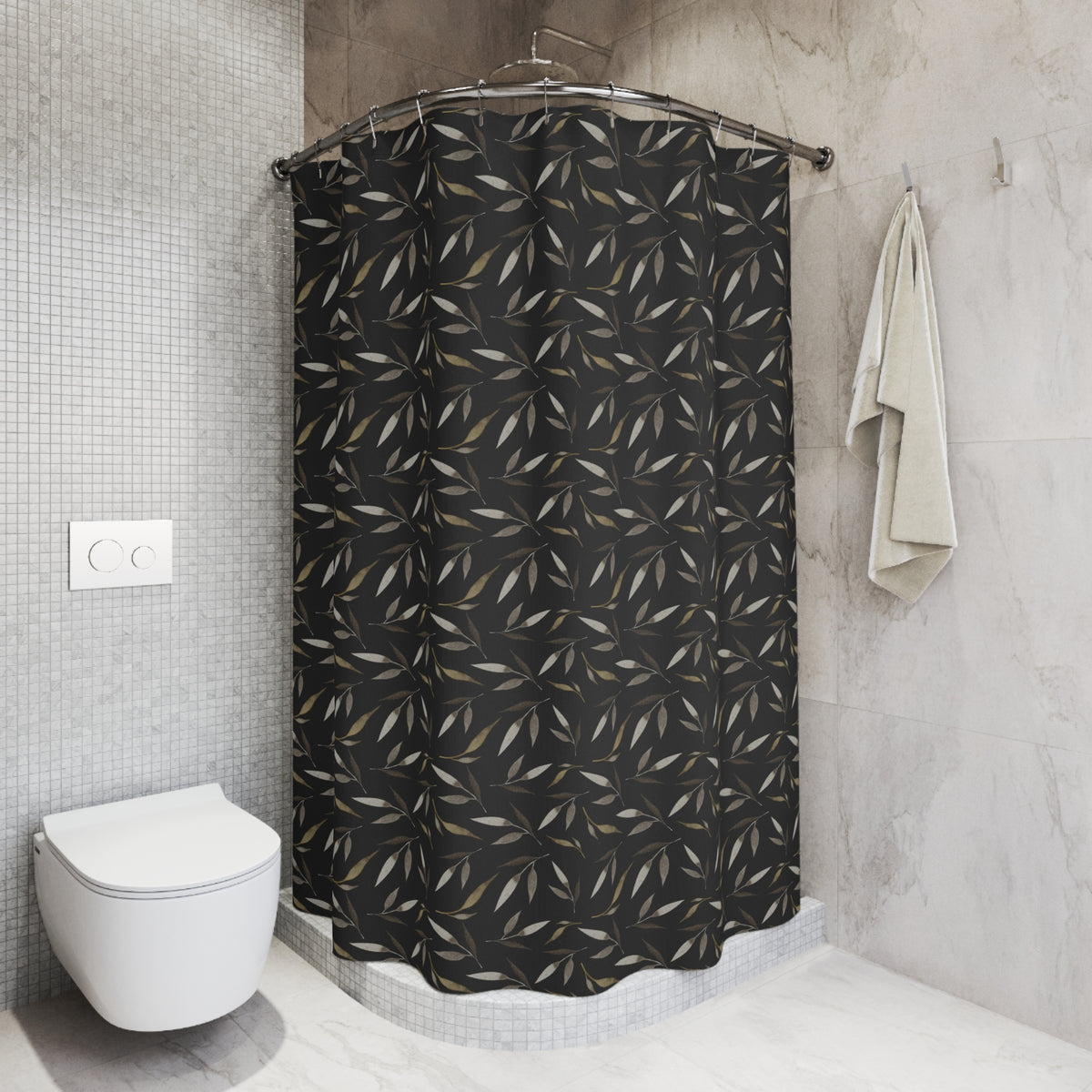 a modern bathroom with a black and gold patterned shower curtain, a white toilet, and a towel rack.